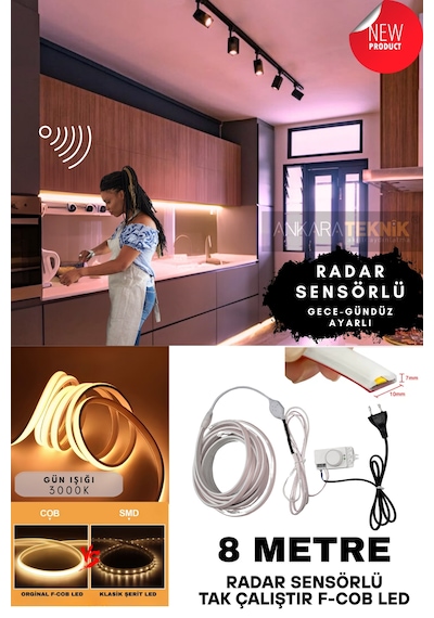 Ankara Teknik Sensörlü Günışığı F- Cob Neon Led / Yüksek Lümen/ Dolap Alcıpan Tavan Led 8 Metre