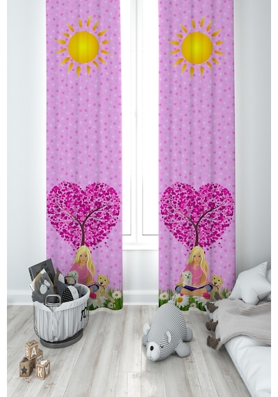Mekta Home Bebek Ve Çocuk Odası Barbie Ve Kalp Desenli 2 Kanat Fon Perde