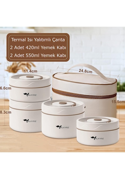 Valkyrie 4 Gözlü Paslanmaz Çelik Isı Yalıtımlı Yemek Kabı Seti Çantalı 304 Steel 2x 420ml + 2x 550ml Krem