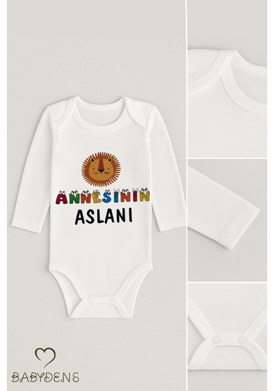 Babyden's Annesinin Aslanı Baskılı Unisex Uzun Kollu Çıtçıtlı Bebek Body %100 Pamuk, Rahat Zıbın Beyaz