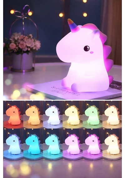 2 Li Set Işıklı Renkli Unicorn Figürlü Gece Lambası & Pipetli Boncuk Detaylı Suluk Bardak Mor 450 Ml Set