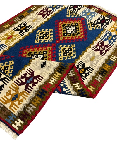 El Dokuma Sıfır Yahyalı Kilimi 110x200 Kök Boya Mavi Kahve %100 Yün Kilim Renkli