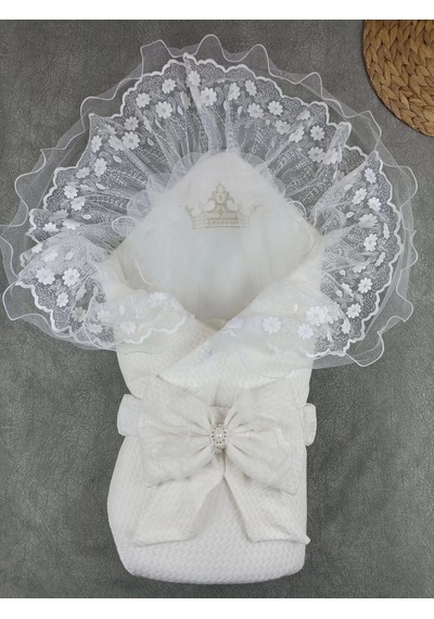 Yenidoğan Kumru Soft Cotton Taç Nakışlı Trilüks Kundak Bebek Battaniyesi Ekru Çok Renkli