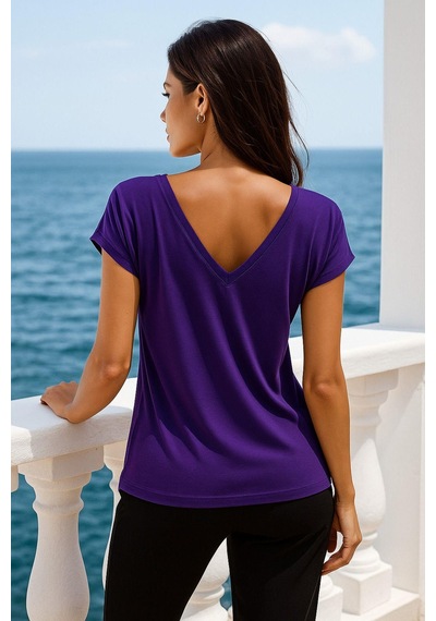 Kadın Mor Viskon Ön Arka V Yakalı T-shirt Yarasa Kol Relaxed Bluz Çok Renkli