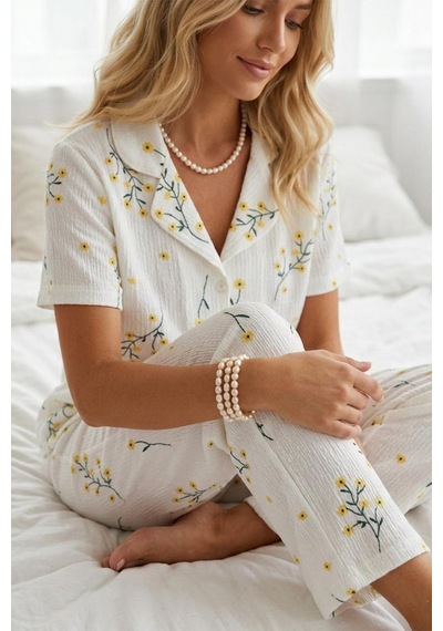 Çiçek Baskılı Bürümçük Kumaş Kısa Kollu Pijama Takımı 6067 Çok Renkli