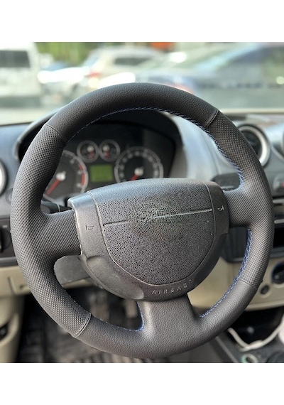 Ford Connect Fiesta Çıkıntılı Bombeli Araca Özel Dikmeli Direksiyon Kılıfı Nokta Düz Mavi İp Siyah