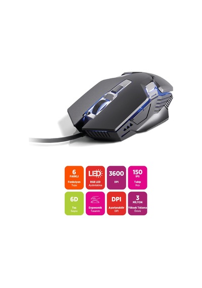 Polosmart Pgm37 Kablolu Rgb Led Aydınlatmalı 6 Tuşlu 3600dpı Gaming Oyuncu Mouse Siyah Diğer