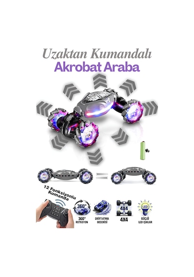Uzaktan Kumandalı 12 Fonksiyonlu Şarjlı Akrobat Araba Oyuncak 28 Cm. Gri
