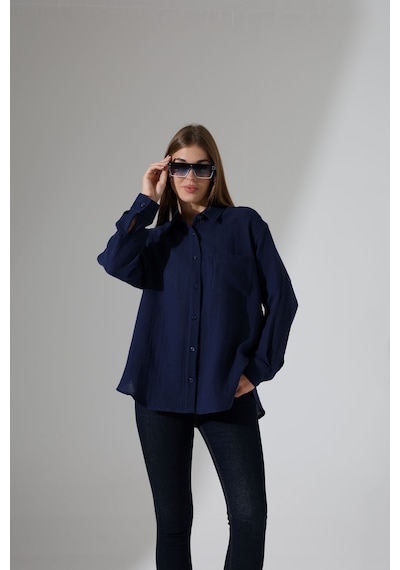 Oversize Basic Müslin Gömlek Lacivert