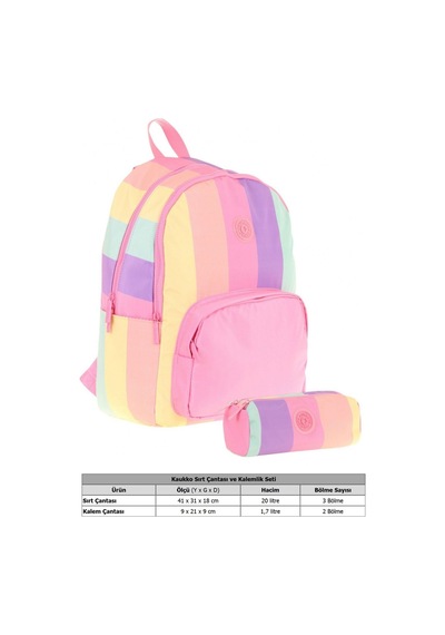 Kaukko Çizgili Pembe Çok Renkli Kız Çocuk Okul Çantası Ve Kalemlik Seti Kk - K1802+kk - K2713 Pembe - Çok Renkli