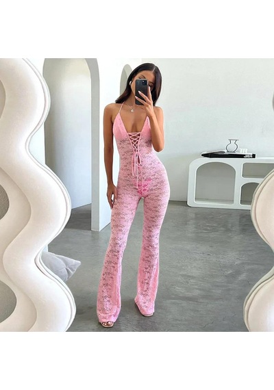 Lace Jumpsuit With Skinny Flared Legs Pink Pembe