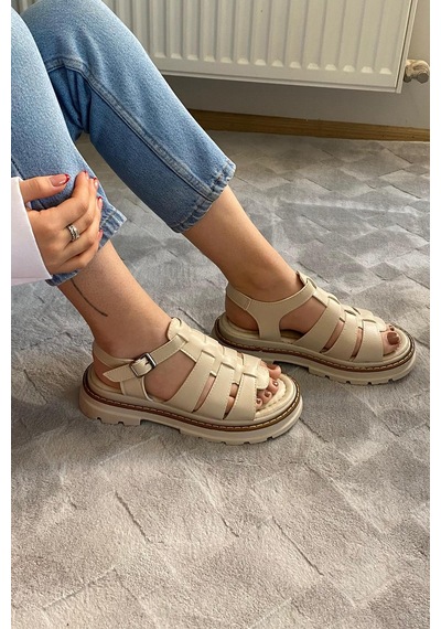 Preshley Kadın Desma Bej Kafes Model Vardola Deyatlı Kalın Taban Ortopedik Sandalet K-140