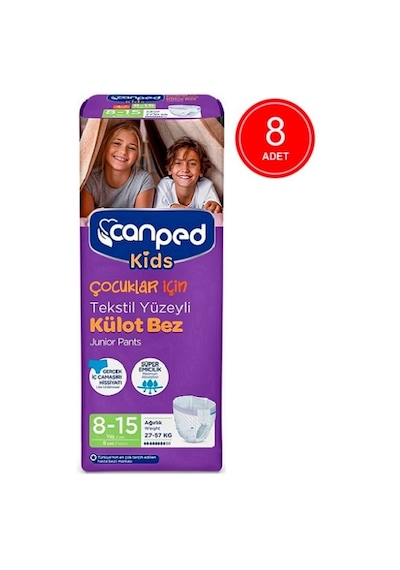 Canped Kids Çocuklar İçin Tekstil Yüzeyli Külot Bez 27-57 KG 8-15 Yaş 8 x 8 Adet