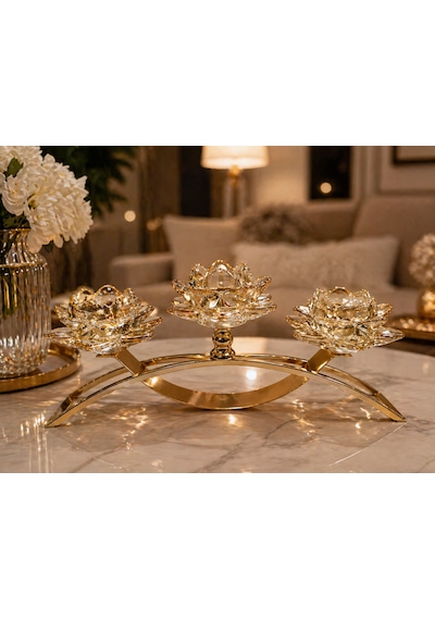 3 Kollu Kristal Cam Köprü Gold Renk Şamdan 40cm Uzunluk / 17cm Yükseklik Amber - Gold