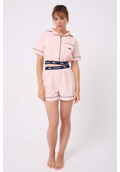 Lespadon Marısılk Seastrıpe Kadın Yazlık Şortlu Crop Gömlekli Pijama & Lounge Takımı-3201 Pembe