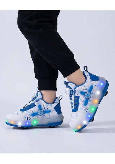 2256-n-drops Led Işıklı Çift Tekerlekli Akıllı Bağcıklı Unisex Çocuk Patenli Ayakkabı Beyaz - Mavi