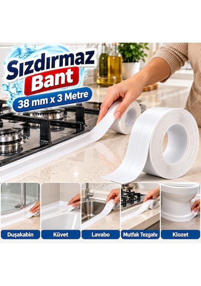 Su Sızdırmaz Bant 38 Mm X 3 Metre Suya Neme Dayanıklı Lavabo Küvet Mutfak Tezgah Bandı 1