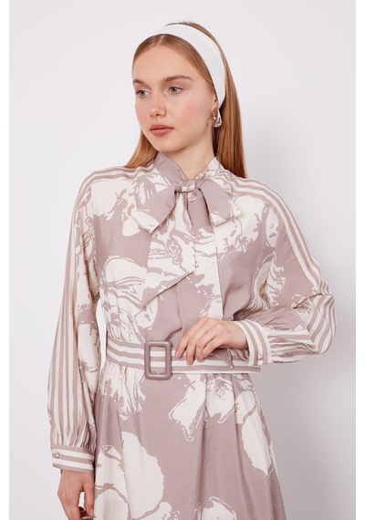 Lale Butik Yakası Bağlama Detay Çiçek Desen Kemerli Elbise 330274 Vizon