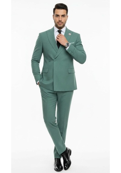 Erkek Slim Fit Çizgili Takım Elbise 2 Top Düğmeli, Çift Yırtmaçlı Modern Kesim Yeşil
