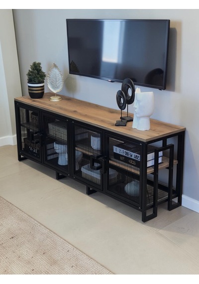 Dekoratif Metal Gövdeli Ahşap Raflı Tv Ünitesi 3 Raflı 4 Kapaklı Tv Sehpası 150 X 36 Cm Televizyon Ünitesi Siyah