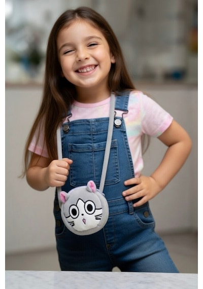 Mollycrush Şaşkın Kedi Tasarımlı Hediye Kız Çocuk Peluş Çanta Gri Yuvarlak Çapraz Askılı