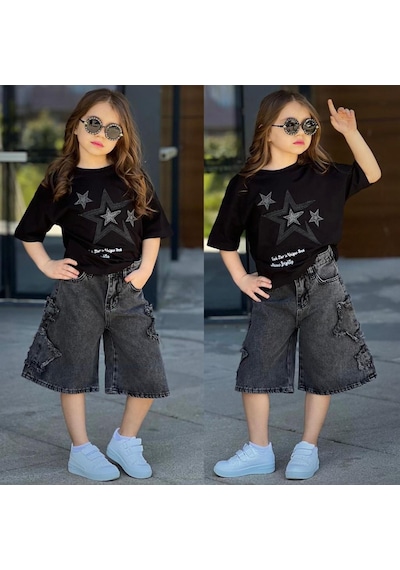 Kız Çocuk Yıldız Baskılı Oversize Tişört & Kot Şort Kombini Yazlık Şık Takım 2535 Siyah