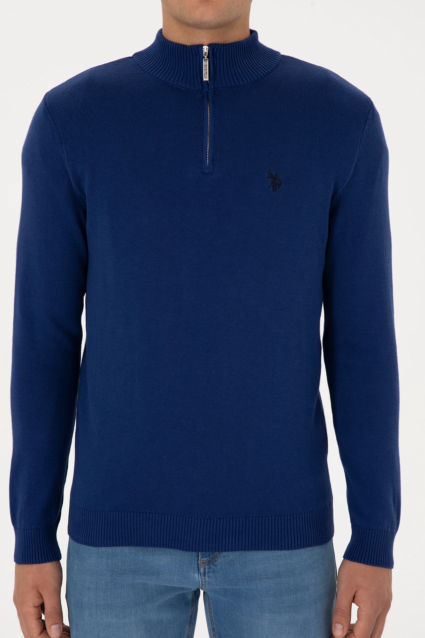 U.S. Polo Assn. Erkek Slim Fit Yarım Fermuarlı İndigo Basic Kazak 50313695-VR028