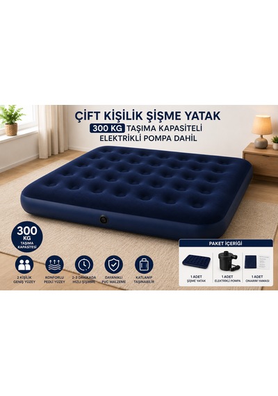 Çift Kişilik Şişme Yatak 300 Kg Taşıma Kapasiteli Elektrikli Pompalı 197x137x22 Cm Lacivert