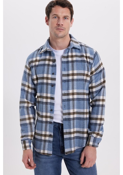 Tudors Erkek Slim Fit Dar Kesim Kareli Kışlık Oduncu Gömlek-42184 Mavi