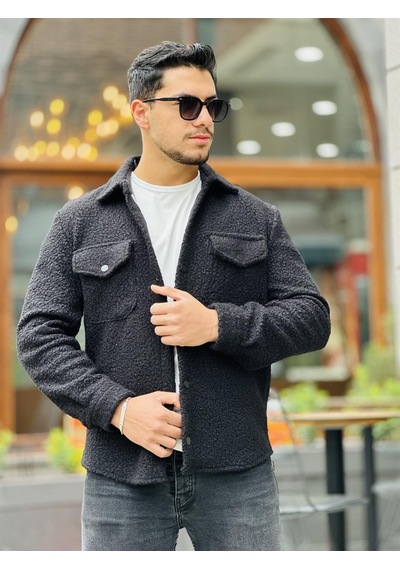 Miron Siyah Kıvırcık Dokulu Kumaş Gömlek Yaka Cepli Regular Fit Ceket Haki