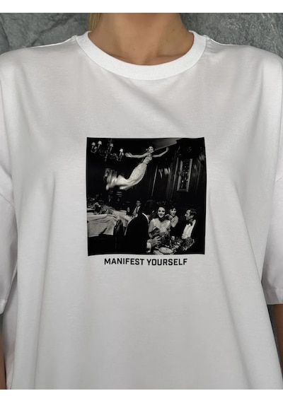 Manıfest Yourself Baskılı Oversize Tişört Beyaz
