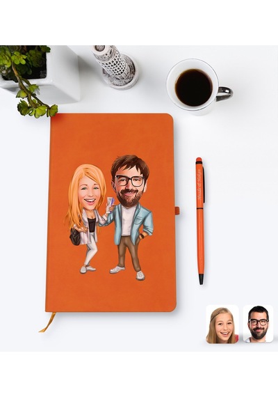 Kişiye Özel Sevgililer Karikatürlü Turuncu Termo Deri Defter Kale N11.2252