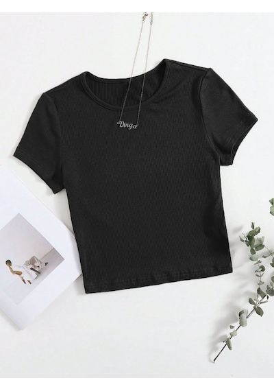 Liona Bisiklet Yaka Siyah Renk Fitilli Kısa Kollu Slim Fit Crop Top Bluz Siyah