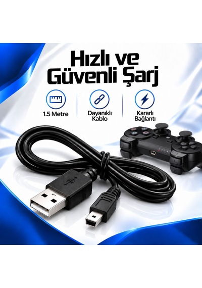 Ps3 Dualshock Şarj Kablosu 1.5 Metre Mini Usb 5 Pin Playstation 3 Oyun Kolu Şarj Data Kablosu
