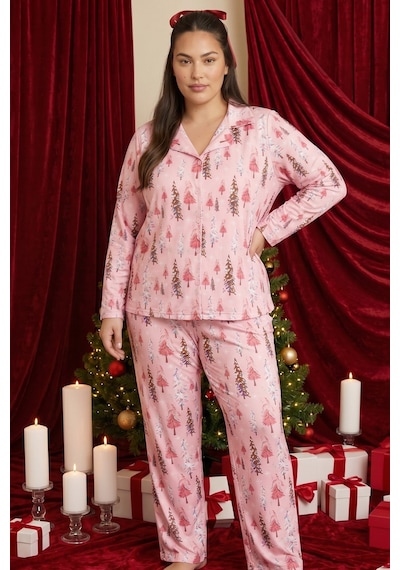 Siyah İnci Yılbaşı Temalı Desenli Termal Kumaşlı Ultra Soft Yumuşak Büyük Beden Battal Boy Düğmeli Örme Pijama Takımı 26226506 Pembe