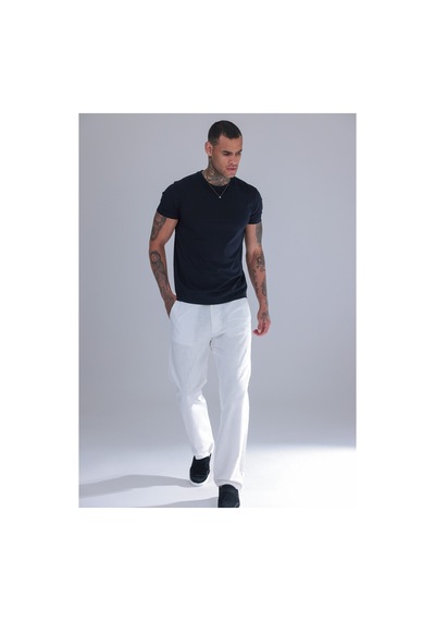 Blayn Jeans Erkek Siyah Keten Pantolon Beli Lastikli Rahat Kalıp Yazlık Boru Paça Günlük Pantolon Beyaz
