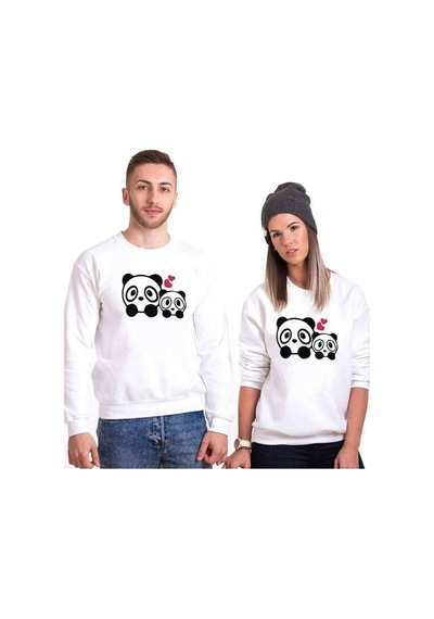 Tshirthane Sevimli Pandalar Sevgili Kombinleri Unisex Sweatshirt Kırık Beyaz