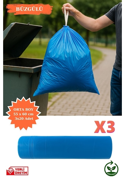 Premium Büzgülü Orta Boy Çöp Poşeti 55x60 Cm 3x20 Adet Ev Mutfak İş Ofis Avantajlı Ekonomik Paket