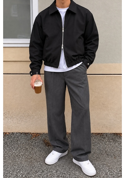 Tarz Cool Erkek Oversize Çift Yönlü Fermuarlı %100 Pamuk Ceket Rahat Kalıp, Lastikli Bel, Günlük Ve Casual Stil Siyah