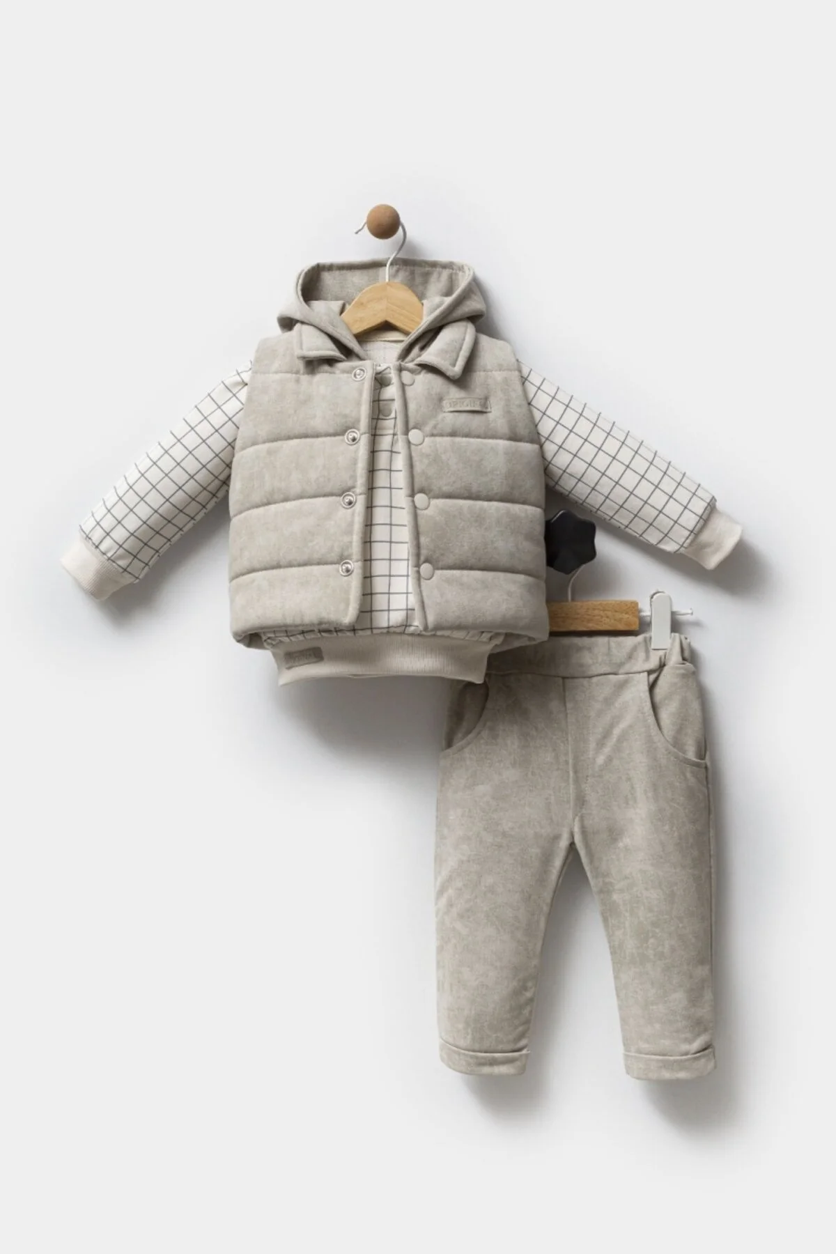 Bilge Trend Erkek Bebek Bej Kapüşonlu Sweat , Şişme Yelek , Pantolon 3 Parça Premium Seri Kışlık Takım