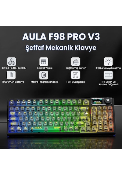 Aula F98 Pro V3 Oled Ekranlı Crystal Switch Makrolu Kablosuz Rgb Hot-swap Gasket Pre-lubed Switch Mekanik Klavye Şeffaf Siyah
