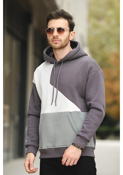 Placide Üç İplik Pamuklu Parçalı Kapüşonlu Erkek Sweatshirt 001