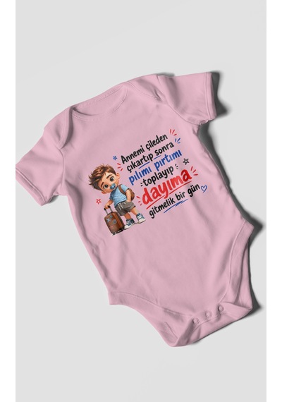 Morivokids Anneye Ve Dayıya Özel Kısa Kollu Bebek Body %100 Pamuk Koyu Pembe