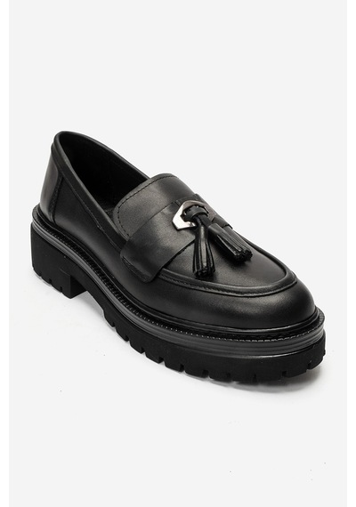Luvi Shoes Marsy Siyah Cilt Hakiki Deri Püsküllü Kadın Loafer Ayakkabı