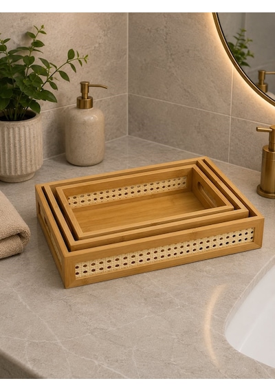 Morponi 3'lü Ahşap Hazeran Sepet Çok Amaçlı Düzenleyici Banyo Mutfak Sepeti Organizeri Banyo Seti