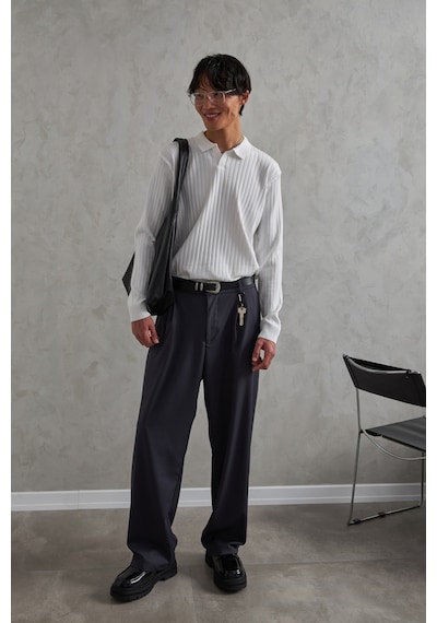 Erkek Polo Yaka Fitilli Oversize Triko Kazak Beyaz