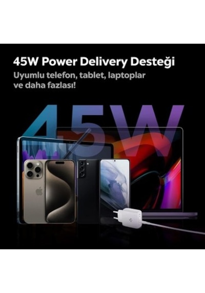 Spigen 45w Usb-c Hızlı Şarj Aleti + Örgü Kablo Pps 2.0 Super Hızlı Şarj Gan Pro Isı Düşürücü Güç