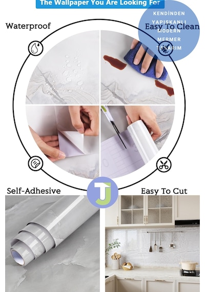 Technojet Kendinden Yapışkanlı Mermer Desen Folyo Mutfak Banyo Tezgah Duvar Masa Kaplama 60cmx100cm 001