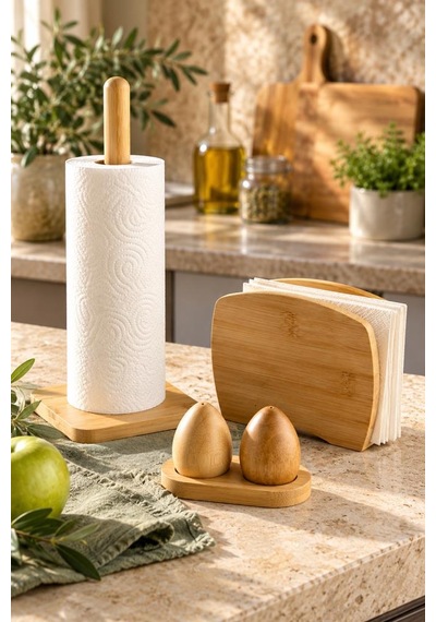 Atbyhome Bambum 3'lü Doğal Bambu Mutfak Tezgah Seti - Kağıt Havluluk Dik Peçetelik Ve Standlı Yumurta Tuzluk Takımı