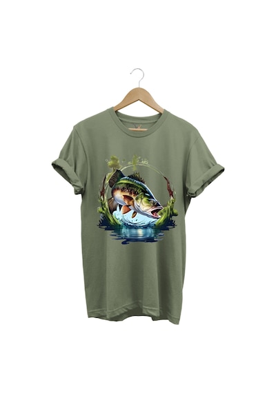 Balıkçılık Levrek Balıkçılığı Fishing Doğa Ve Deniz Baskılı Regular Fit %100 Pamuk Tişört Haki